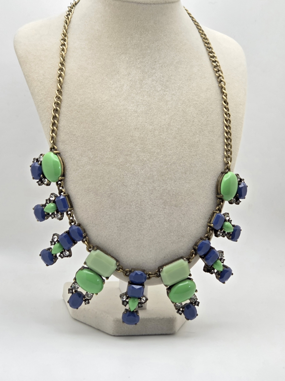 J. Crew Statement Necklace: Navy & Grass Green Cabochons-20"